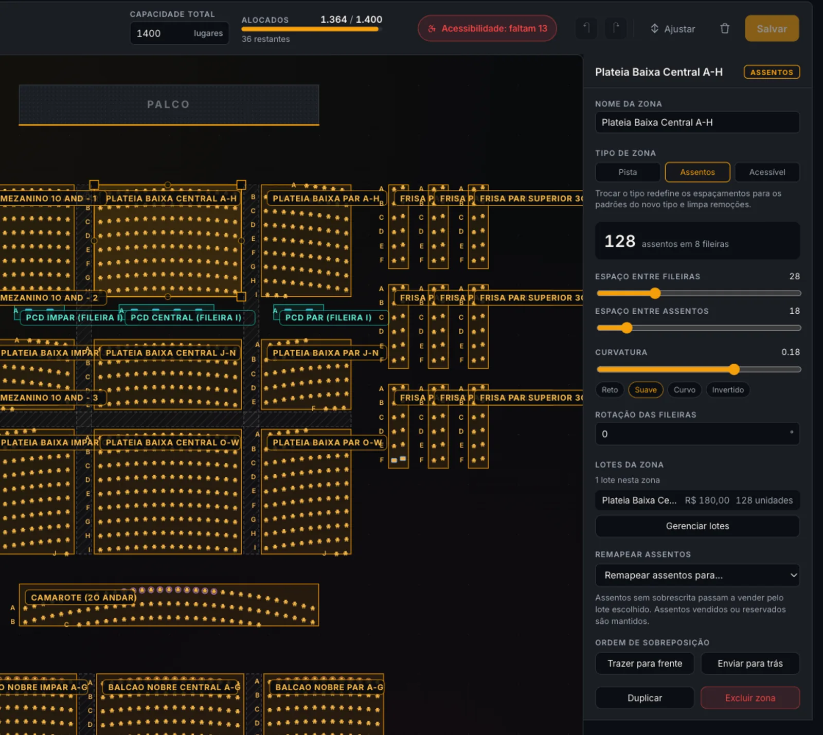 The editor with a zone selected: size, spacing, curvature and the zone's tier on the right-hand panel