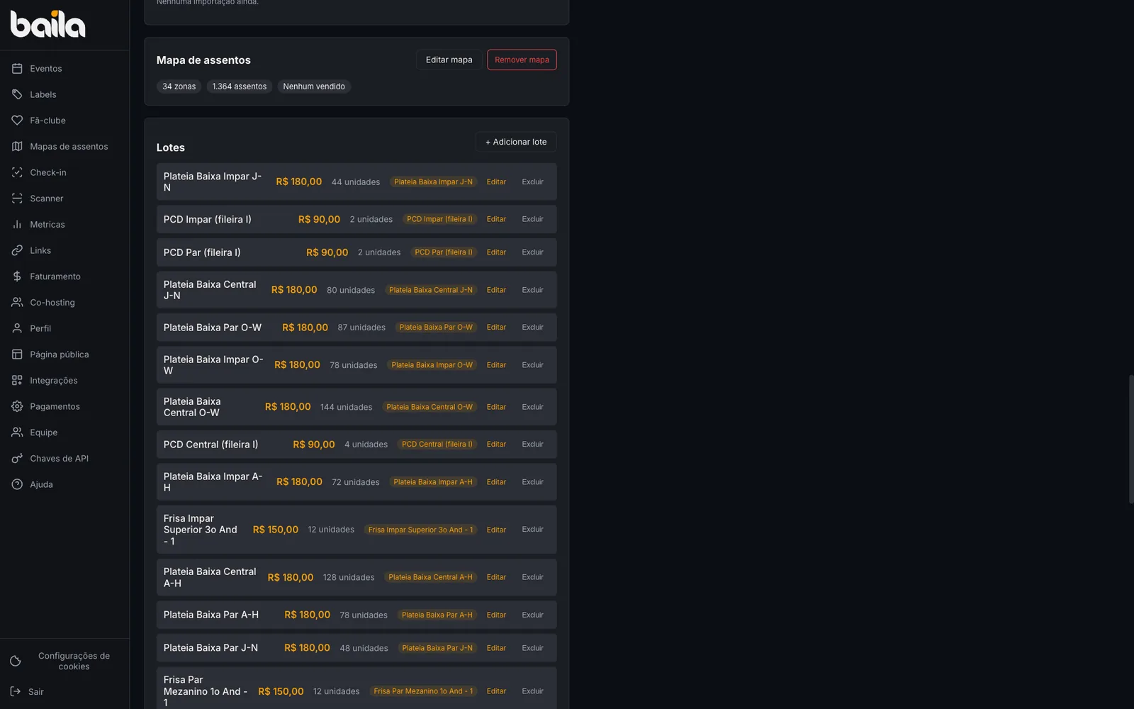 The event page: the Seat map section, with Edit map and Remove map, and the tiers created by the map