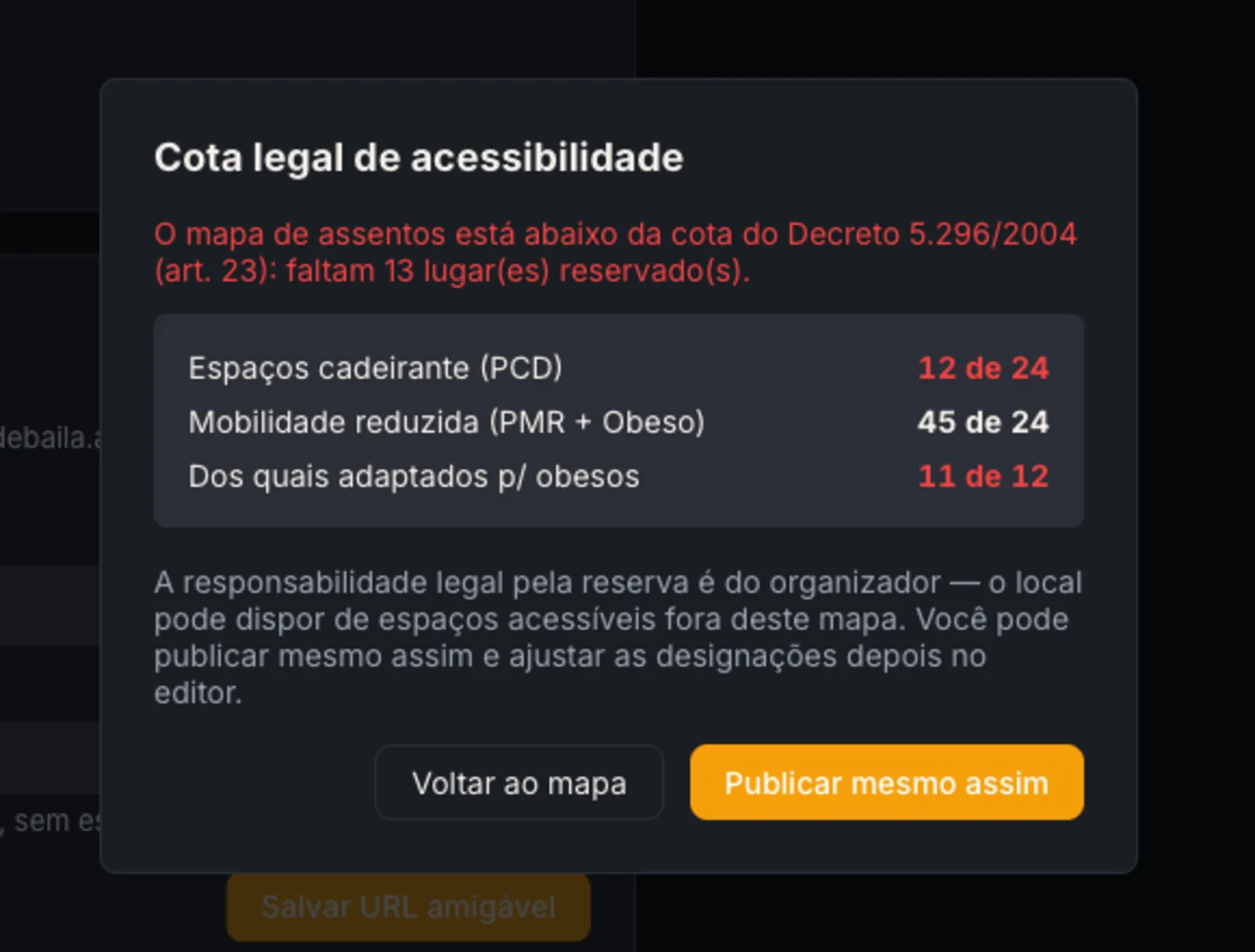 The warning on publishing: the map is below the quota, with the options Back to map and Publish anyway